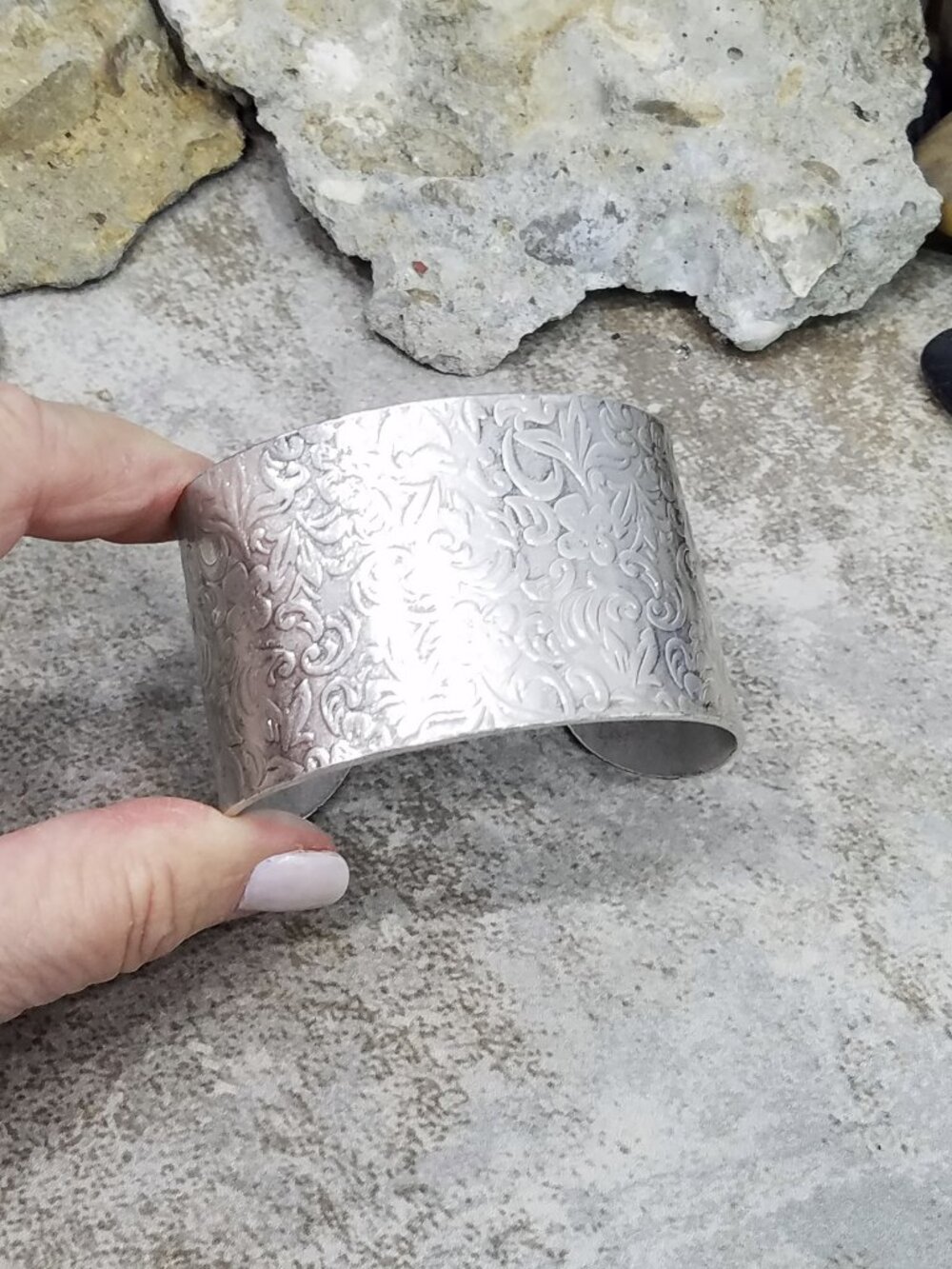 Vintage Boho Silver Tone Floral Embossed Wide Cuff Bracelet Statement Jewelry